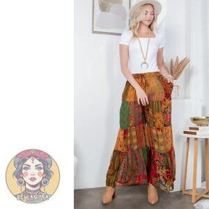 44717 YOUNG THREADS Retro Revival Long Flared Patchwork Pants Camel